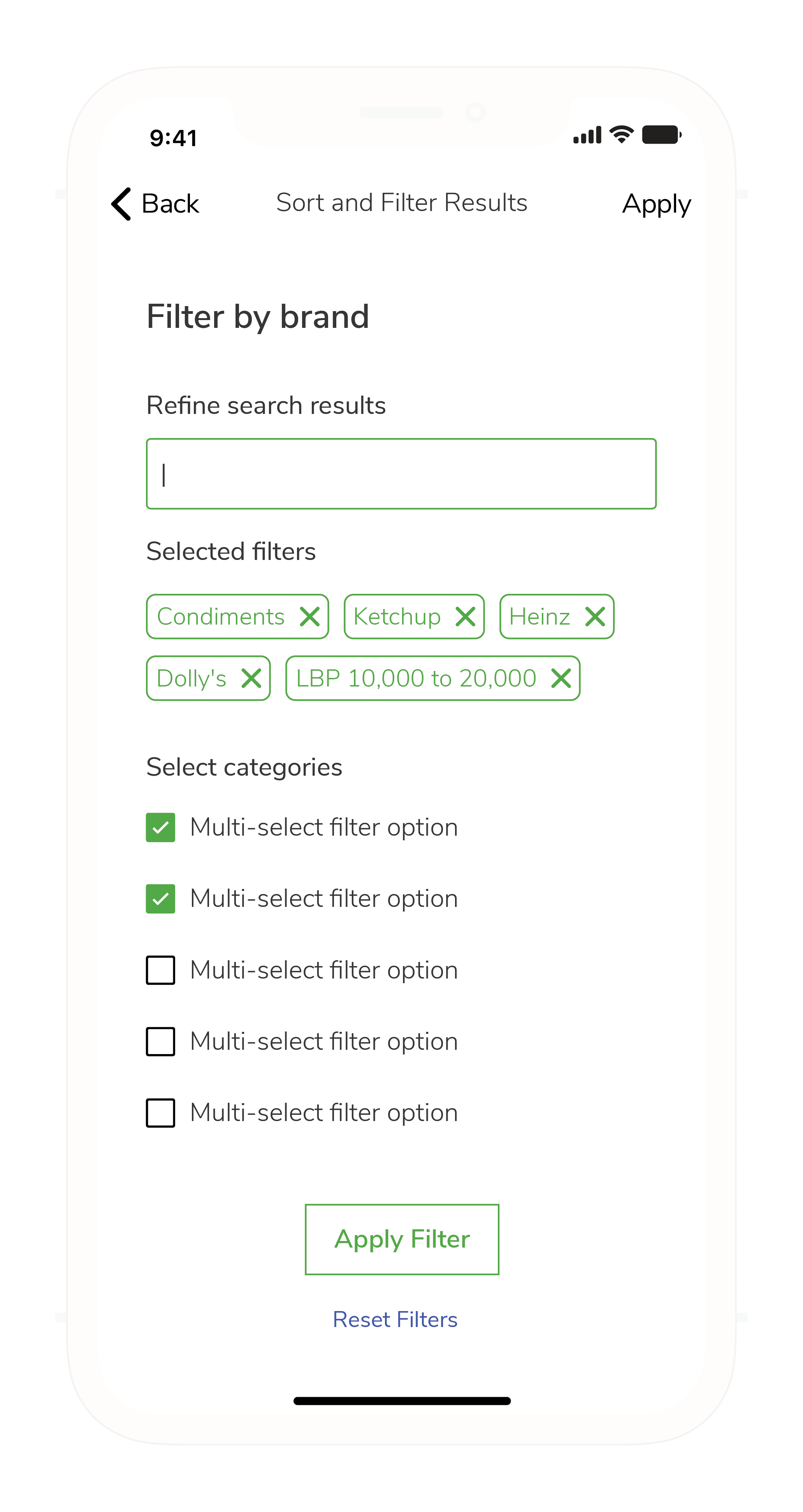The search filter selection page that shows the user interaction that allows users to select a page filter